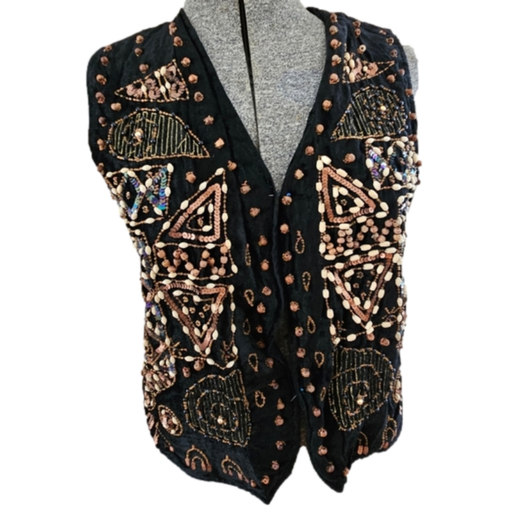 NWT Effect Handmade Custom India Beaded Black Velvet Vest-Size Medium